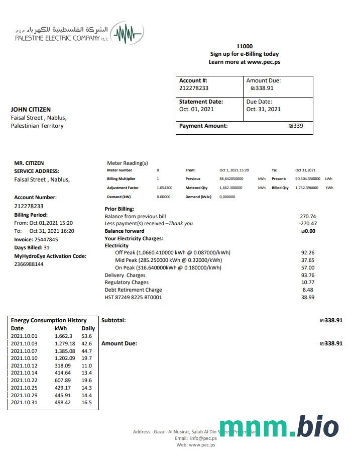 Palestyna Electric Firma (PEC) szablon rachunku za media w formacie Word i PDF